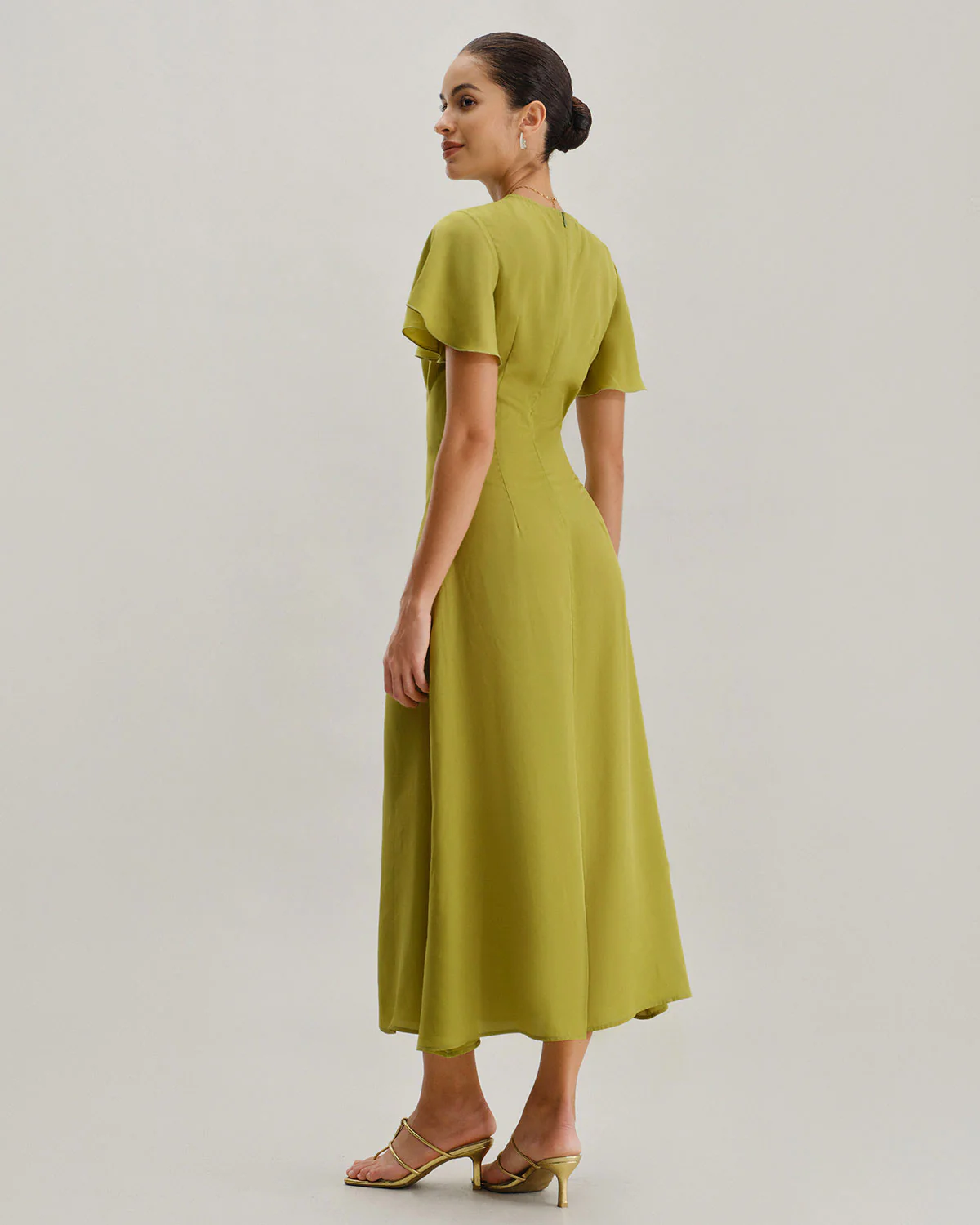 Green V Neck Ruffle Sleeve Midi Dress - Image 5