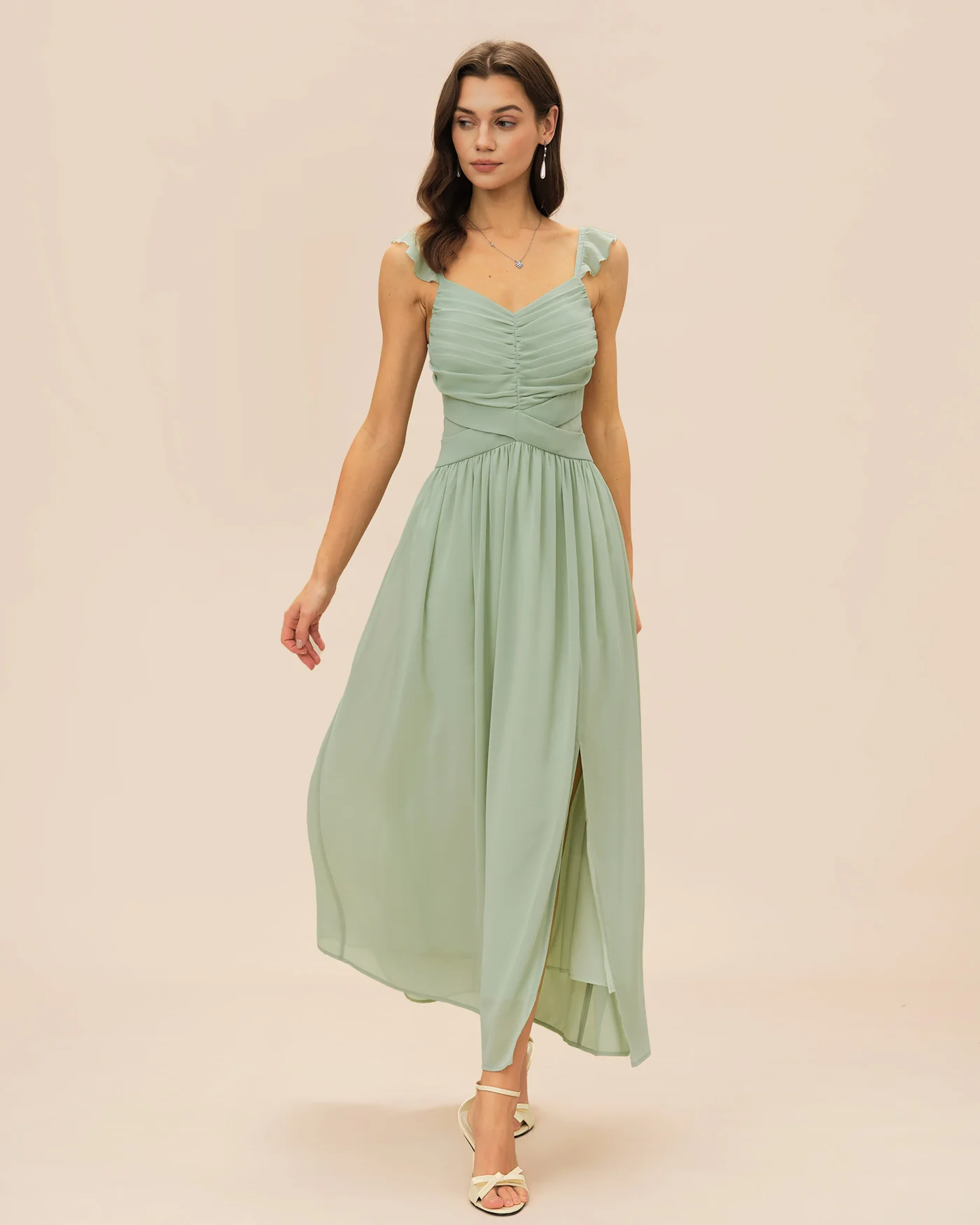 Green V Neck Ruffle Tie Maxi Dress - Image 6
