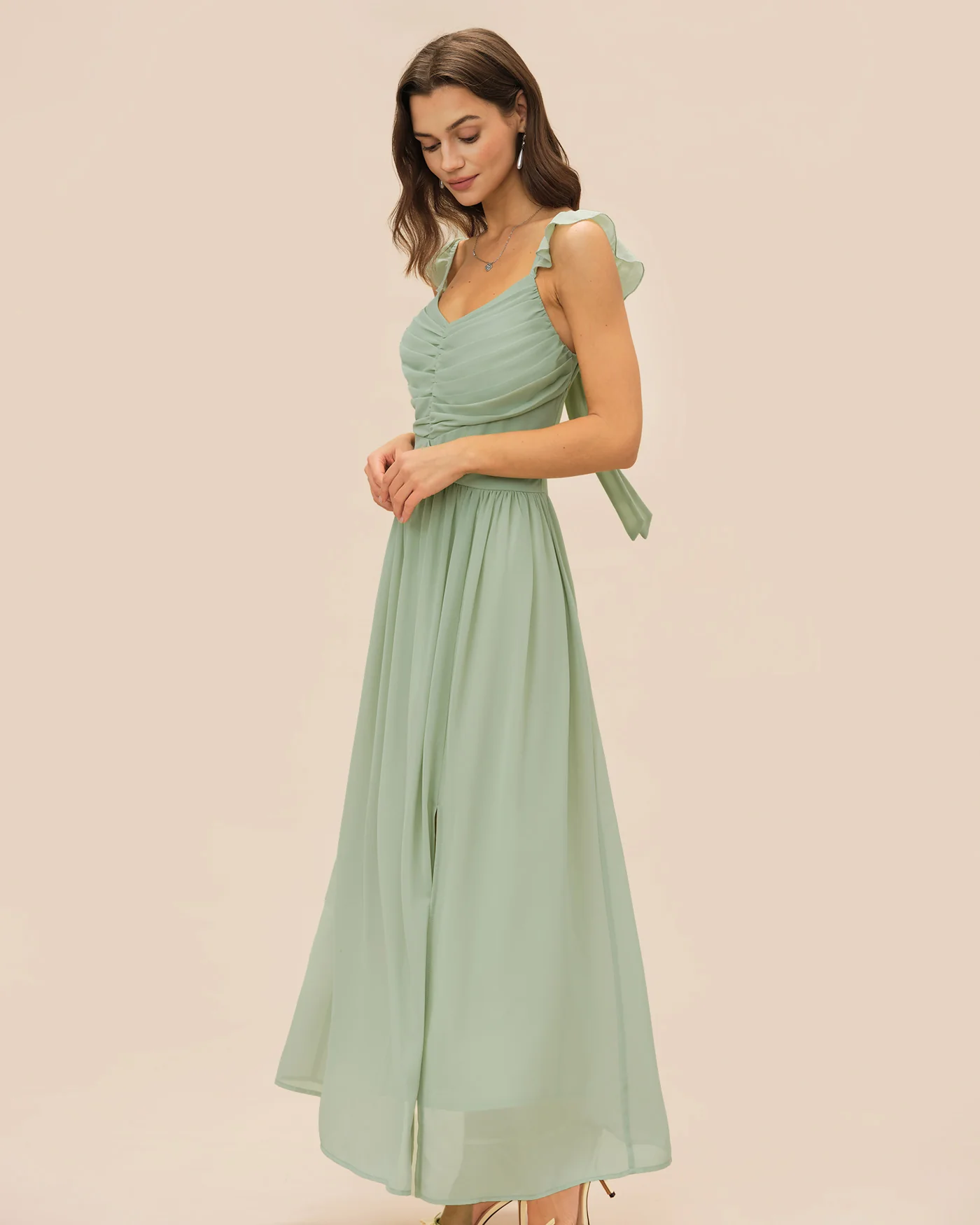 Green V Neck Ruffle Tie Maxi Dress - Image 7