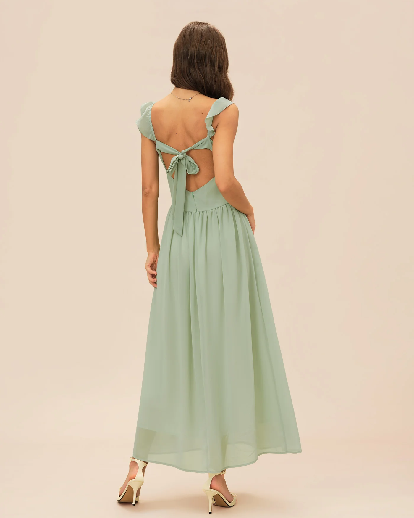 Green V Neck Ruffle Tie Maxi Dress - Image 8