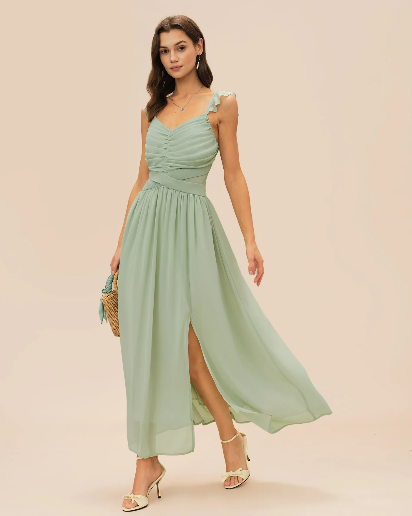 Green V Neck Ruffle Tie Maxi Dress - Image 9