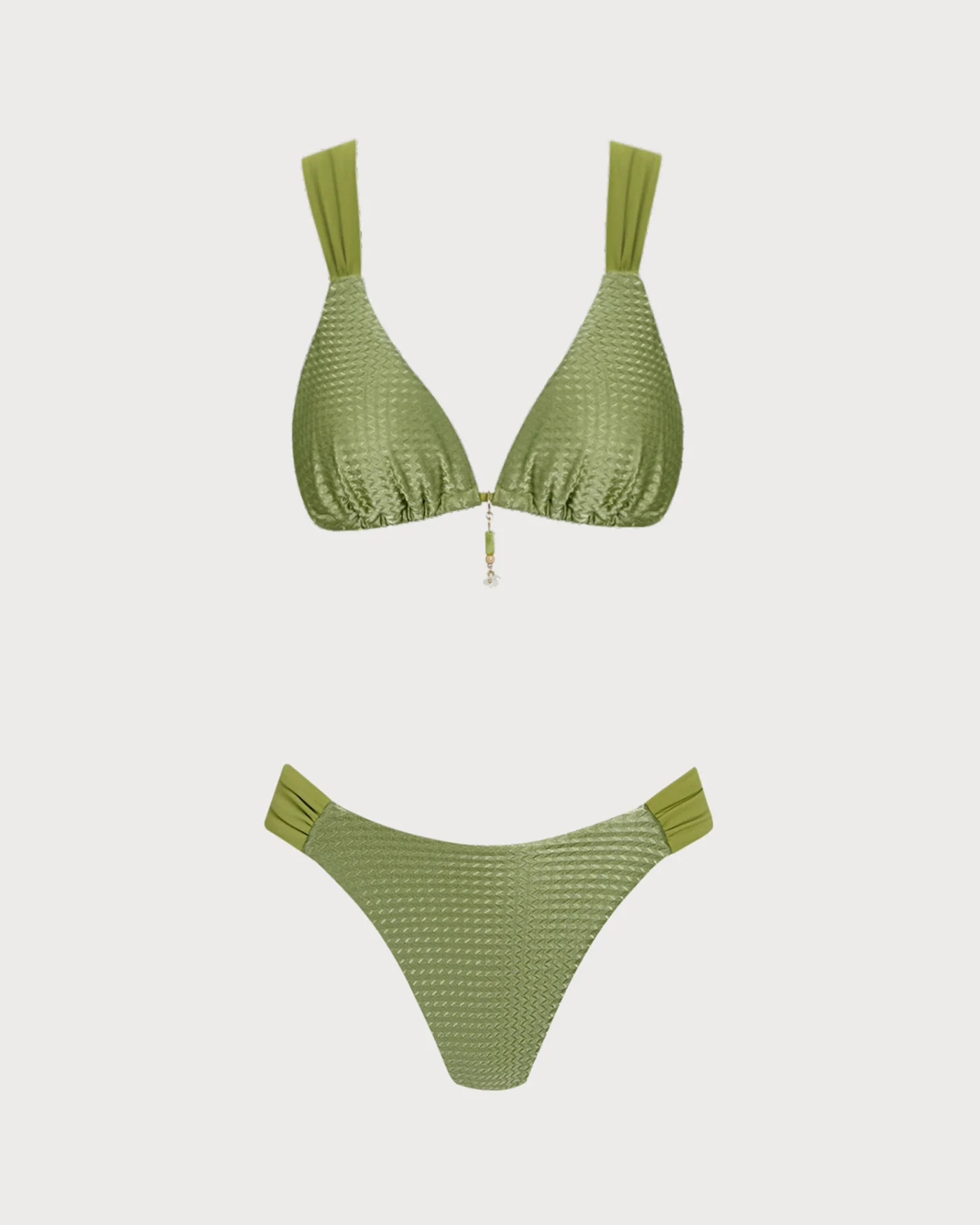 Green V Neck Textured Bikini Set