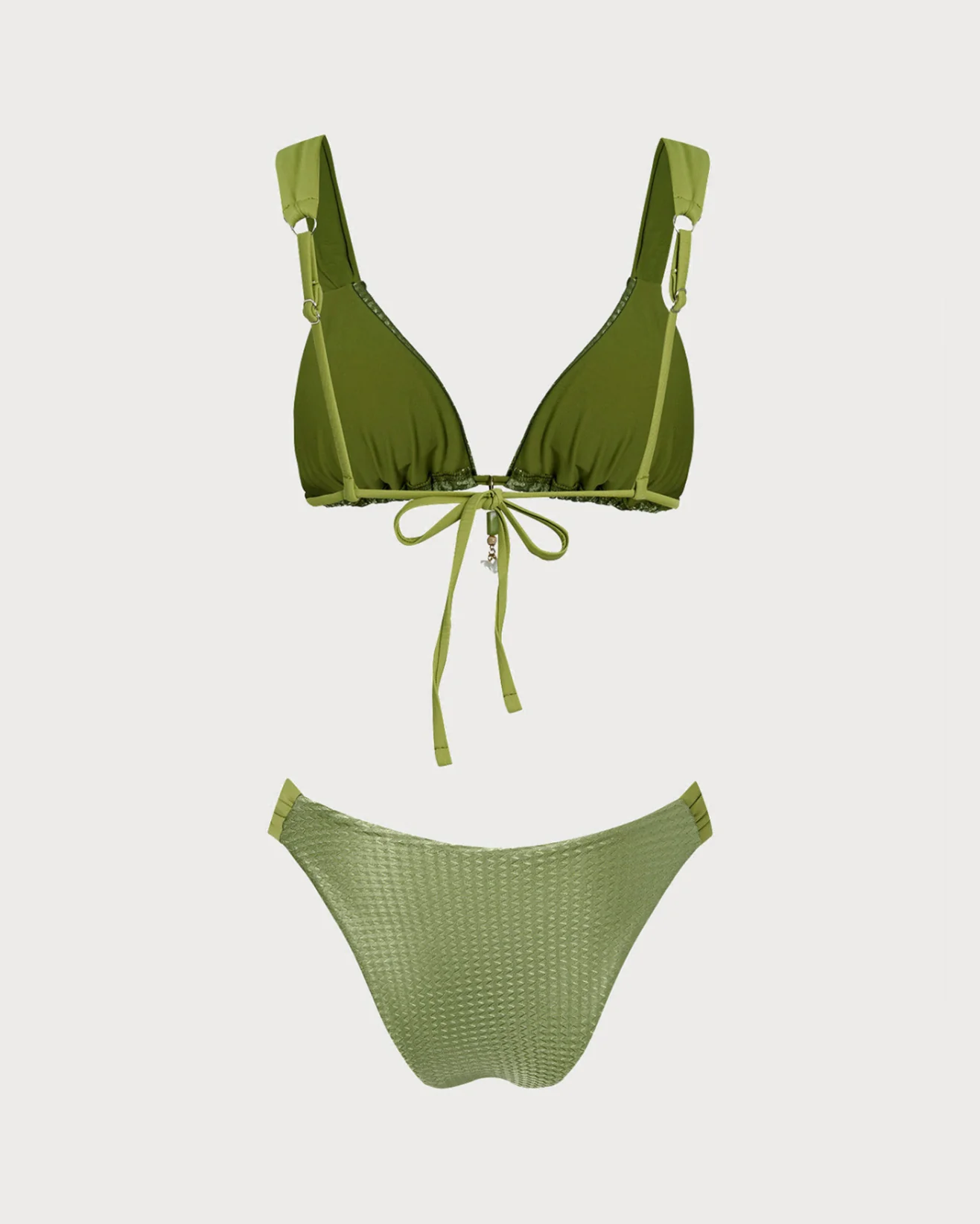 Green V Neck Textured Bikini Set - Image 2