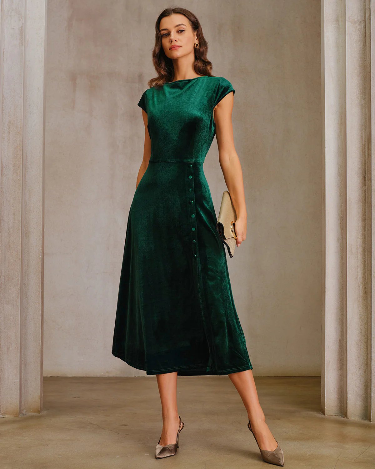 Green Velour A-Line Midi Dress - Image 3