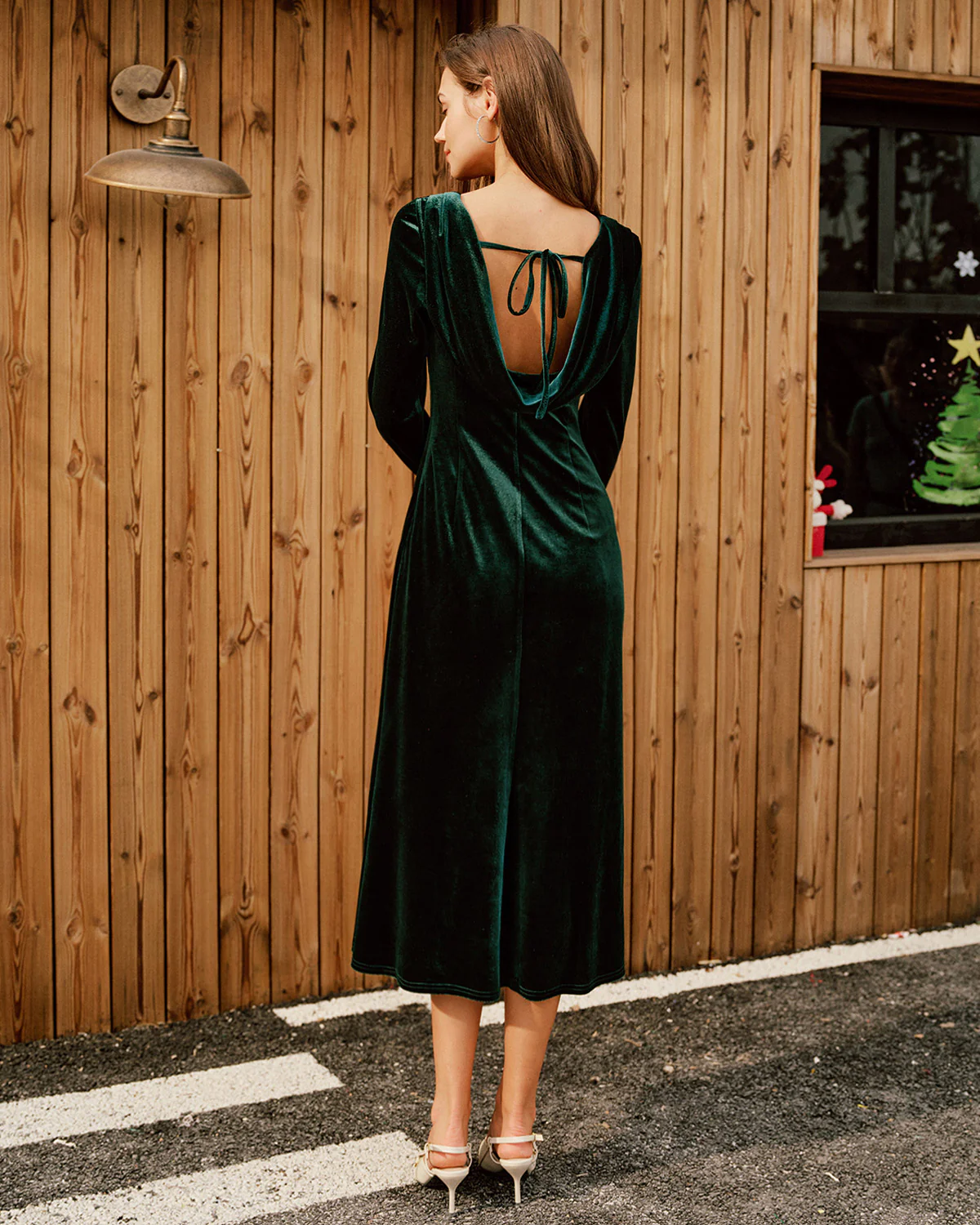 Green Velour Boat Neck Ruched Midi Dress - Image 4