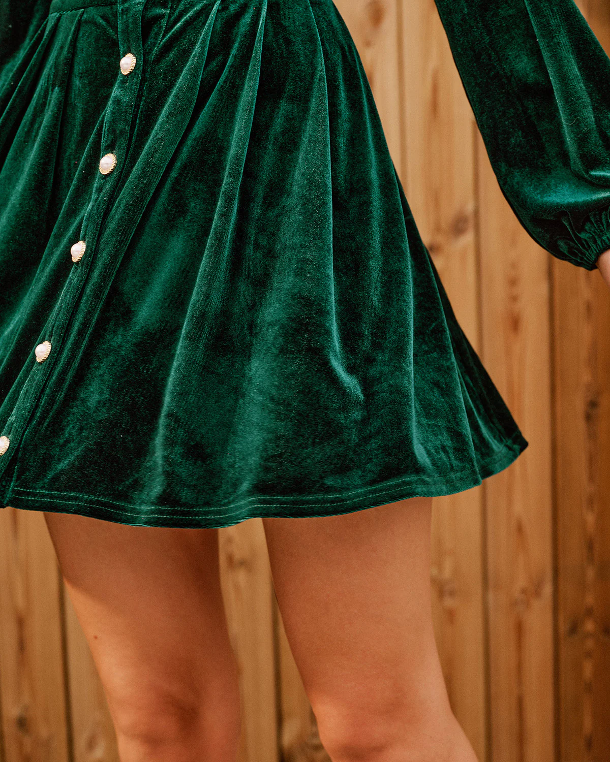 Green Velour Lantern Sleeve Mini Dress - Image 2