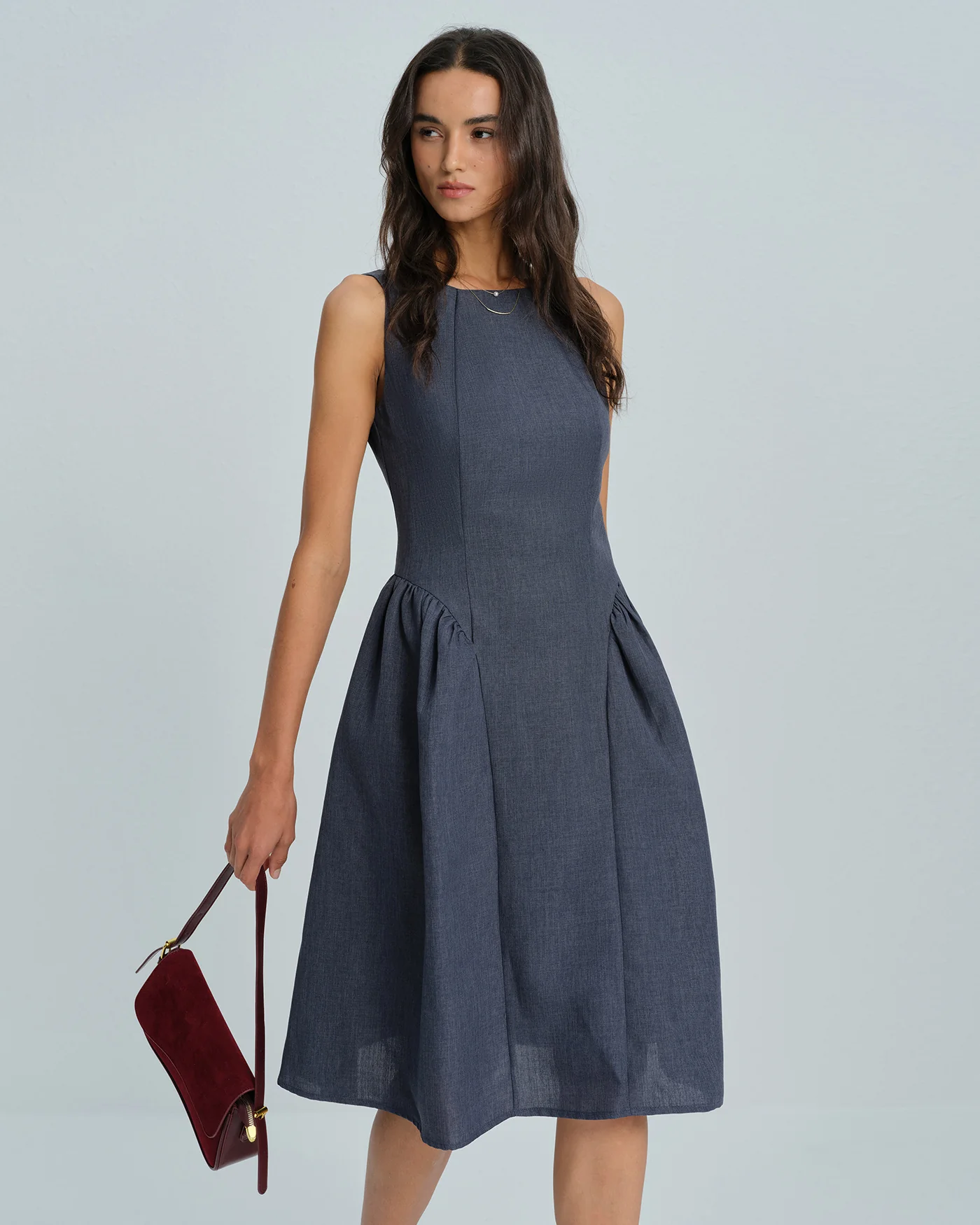Grey Boat Neck Sleeveless Midi Dress - Image 3
