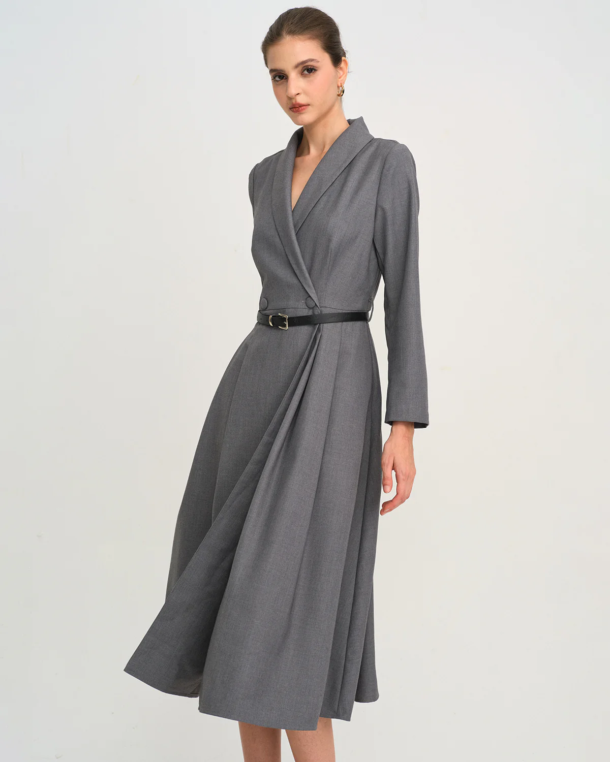 Grey Button A-Line Midi Dress - Image 2