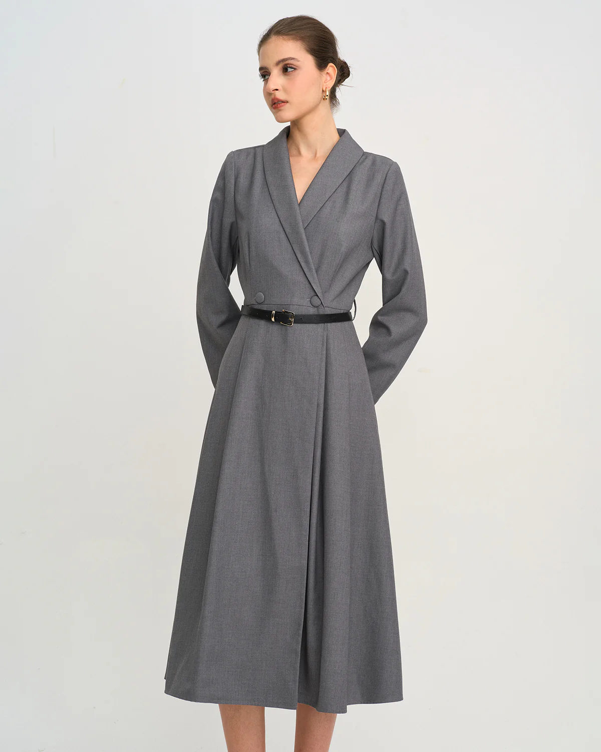 Grey Button A-Line Midi Dress - Image 4