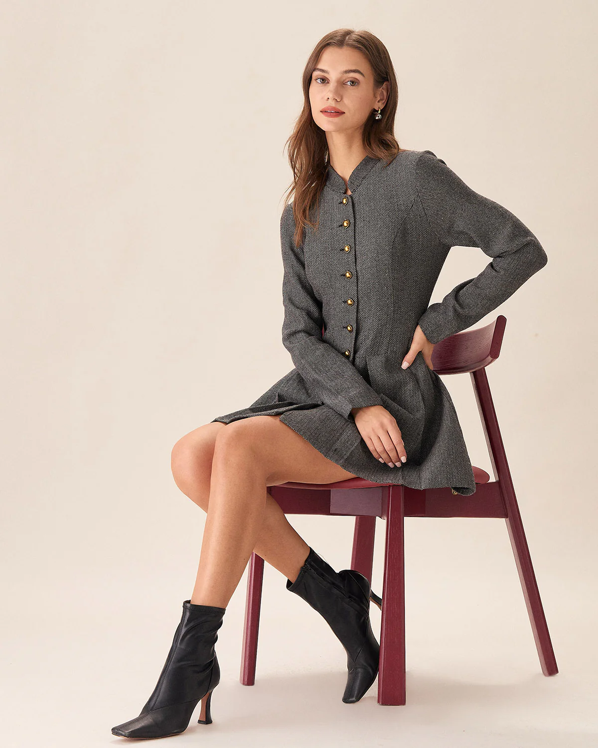 Grey Button Pleated Mini Dress - Image 3