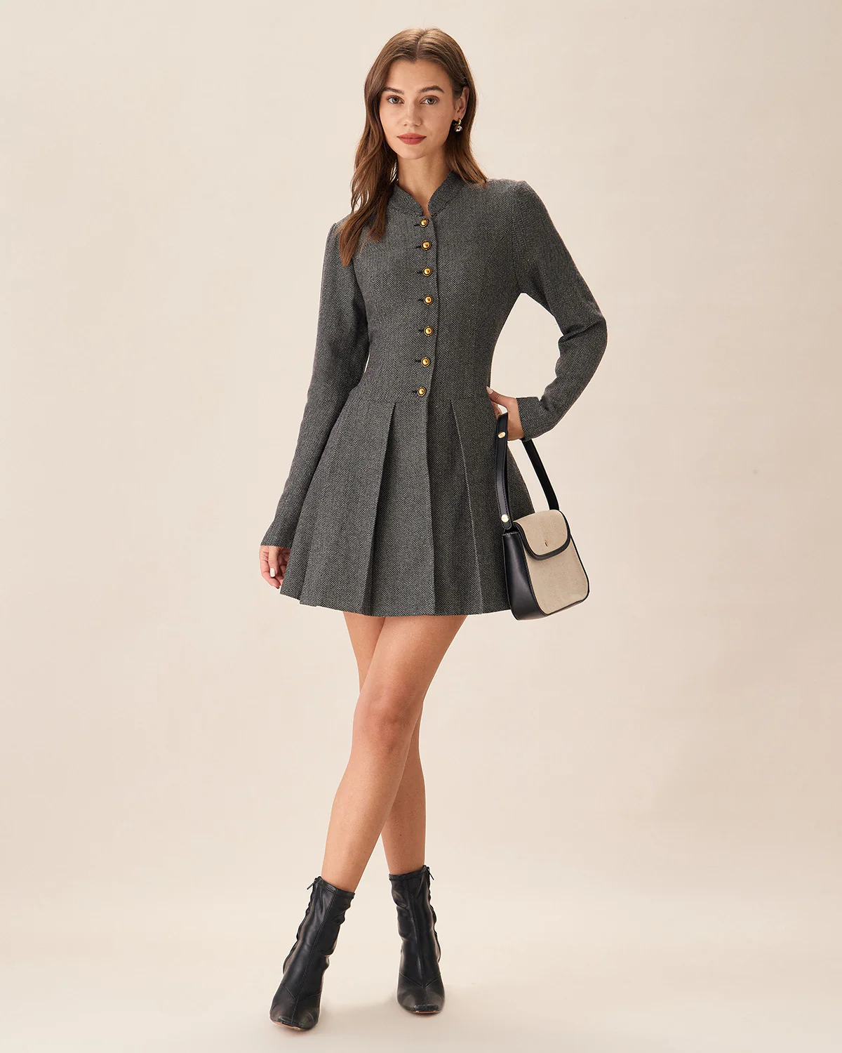 Grey Button Pleated Mini Dress - Image 4