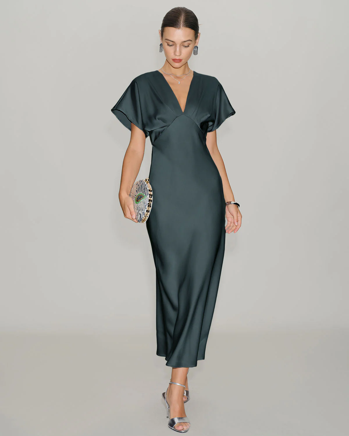 Grey Green Satin Cowl Sleeve Midi Dress - Image 3