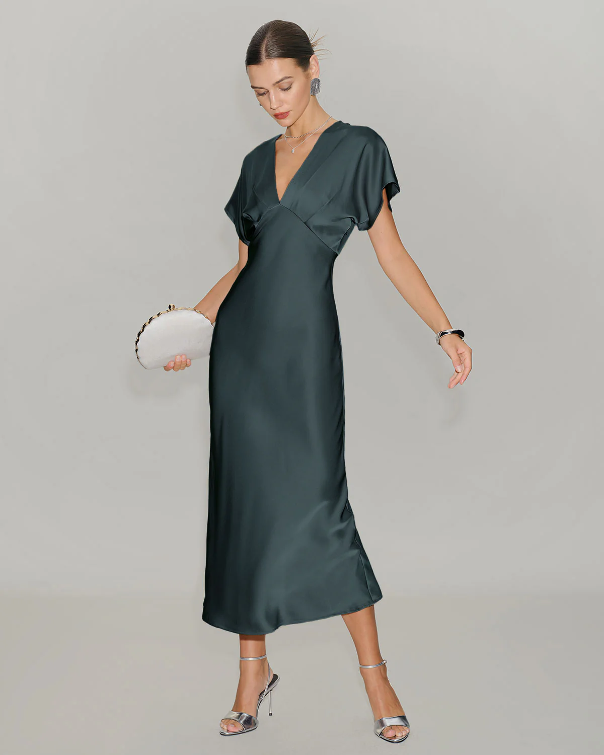 Grey Green Satin Cowl Sleeve Midi Dress - Image 4