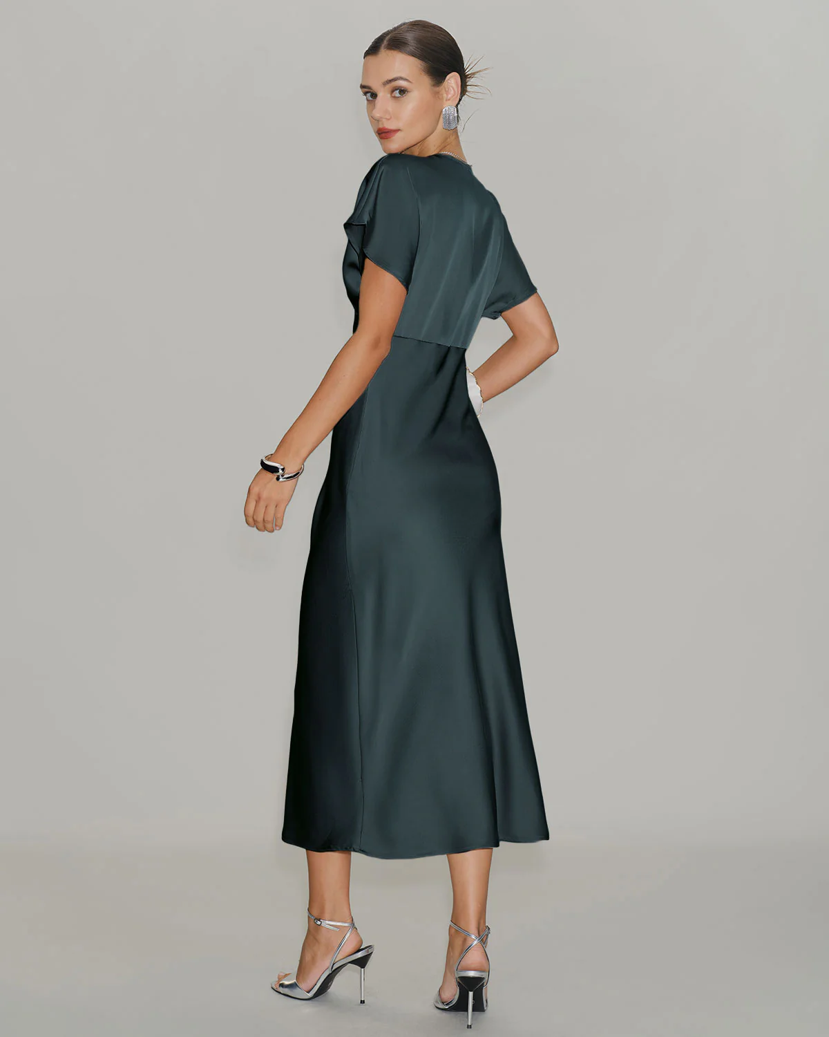 Grey Green Satin Cowl Sleeve Midi Dress - Image 5