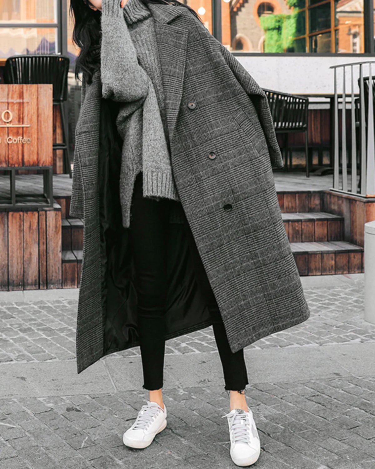 Grey Plaid Trench Coat - Image 2