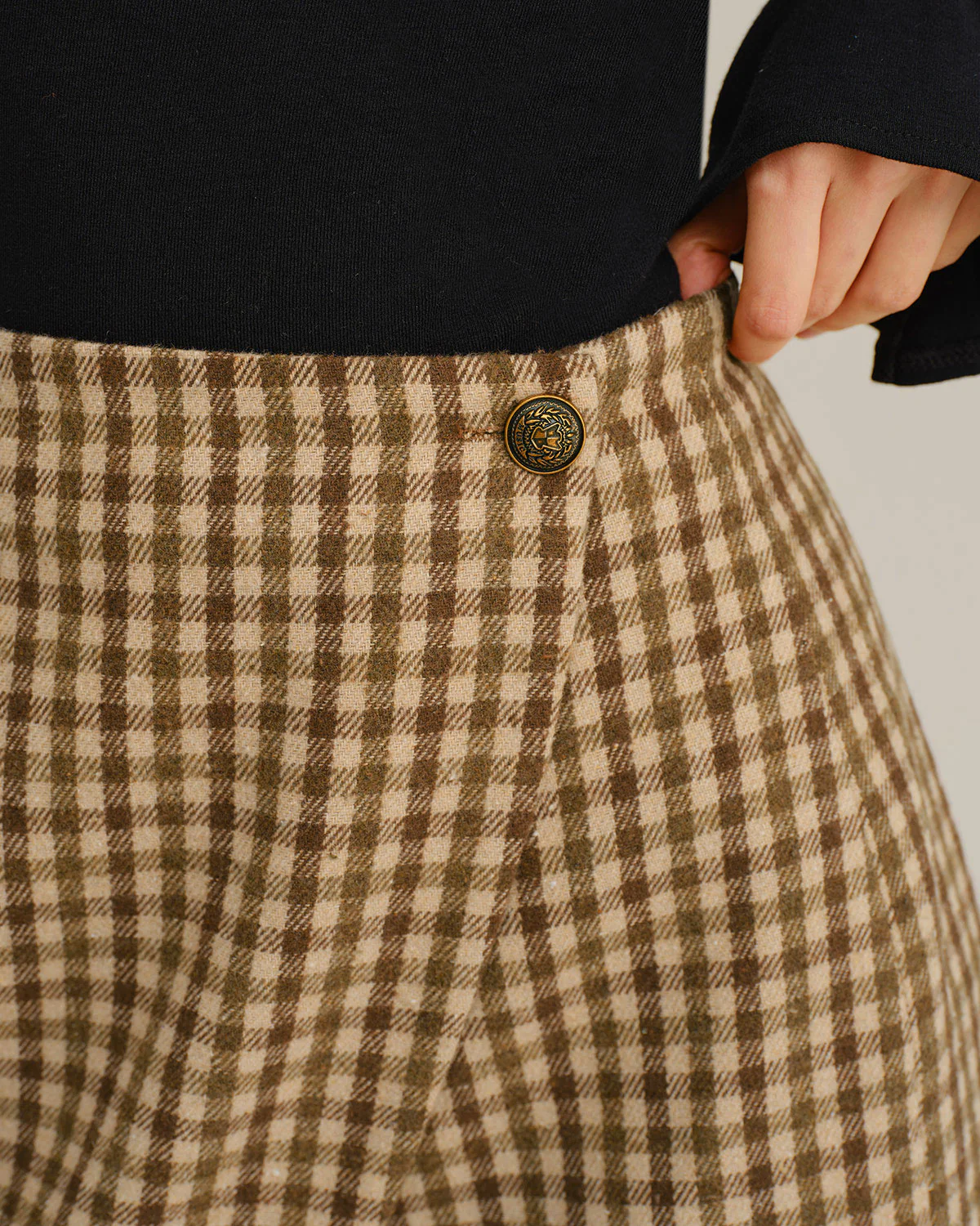 Khaki Plaid Wrap Mini Skirt - Image 2