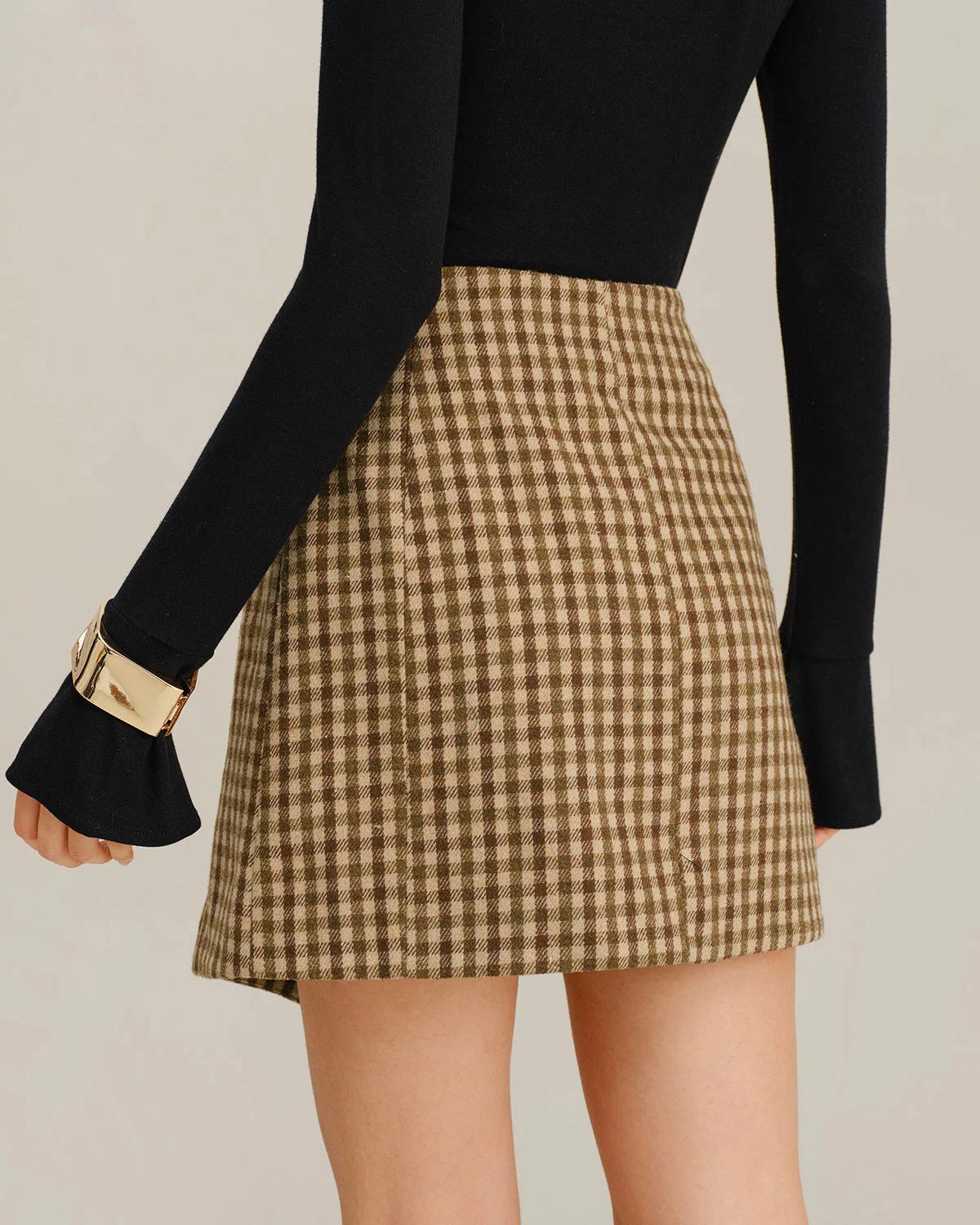 Khaki Plaid Wrap Mini Skirt - Image 3