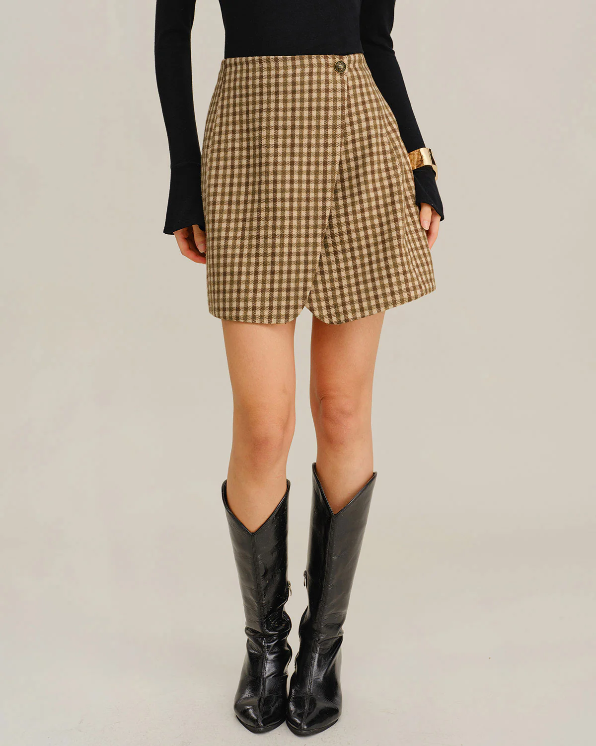 Khaki Plaid Wrap Mini Skirt - Image 4