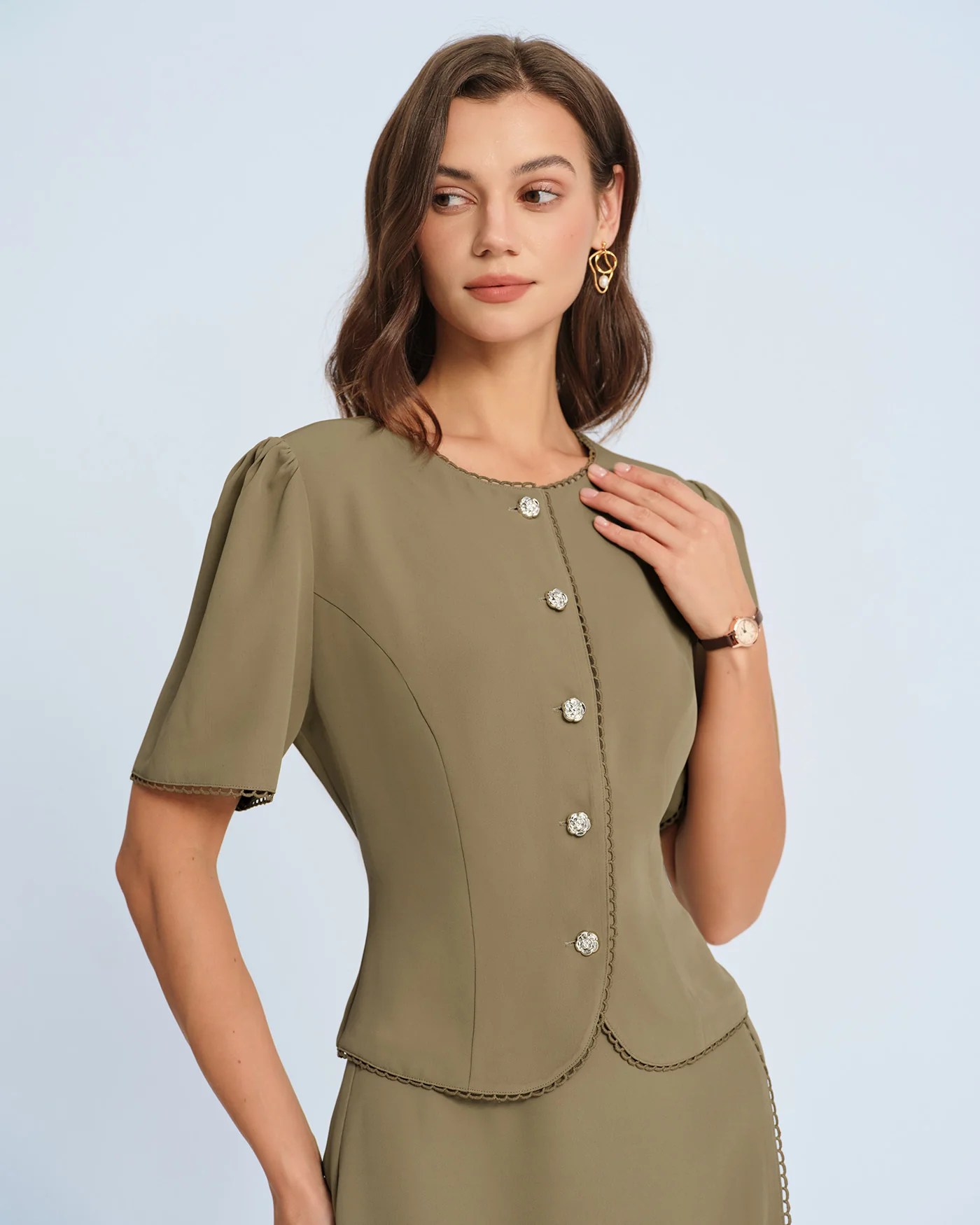 Khaki Puffed Sleeve Blouse - Image 3