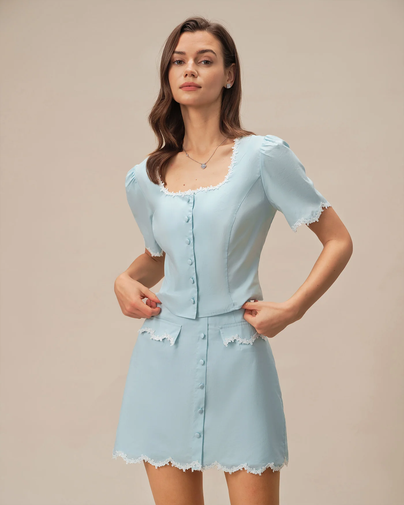 Light Blue Lace Button Square Neck Shirt - Image 4