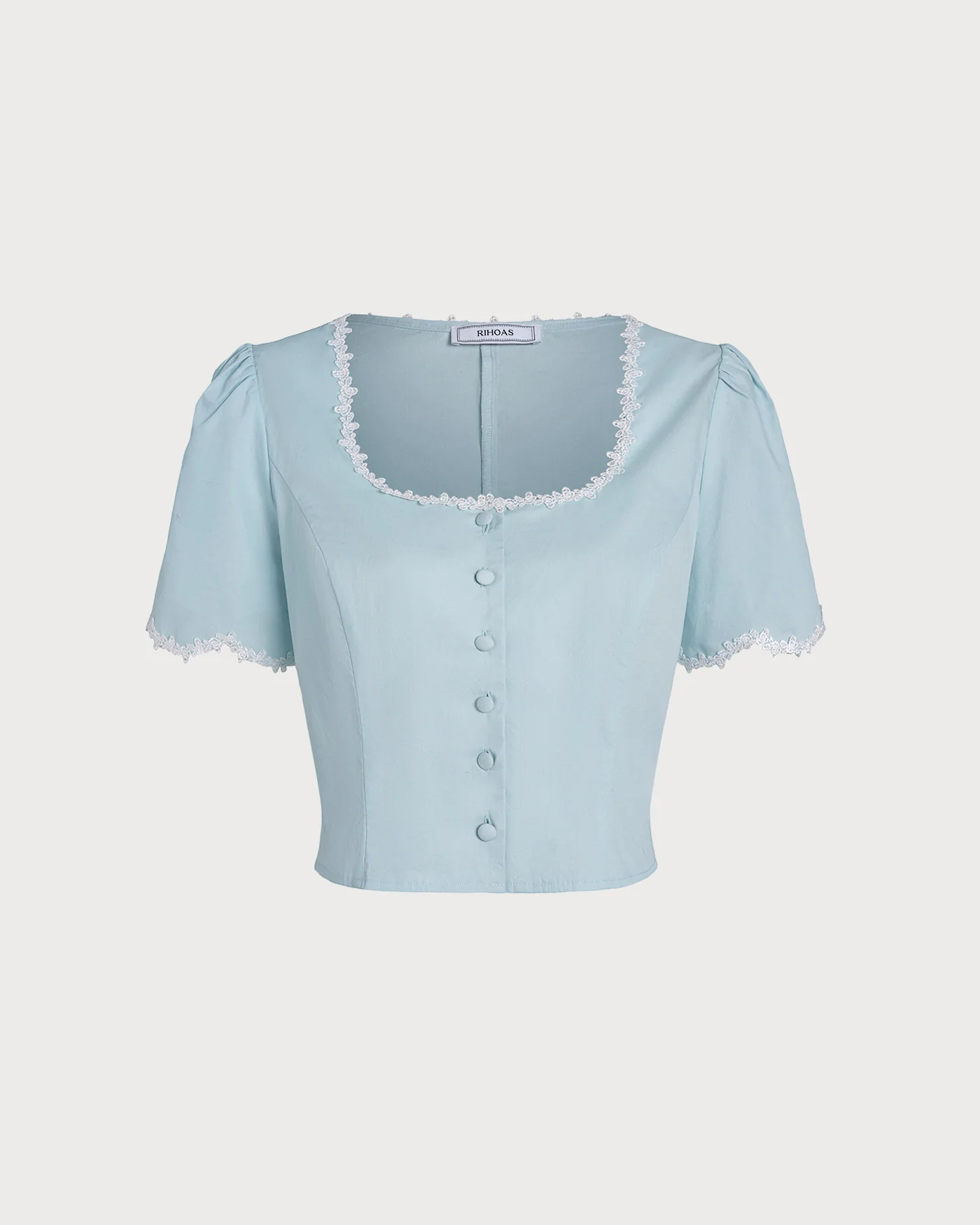 Light Blue Lace Button Square Neck Shirt - Image 7