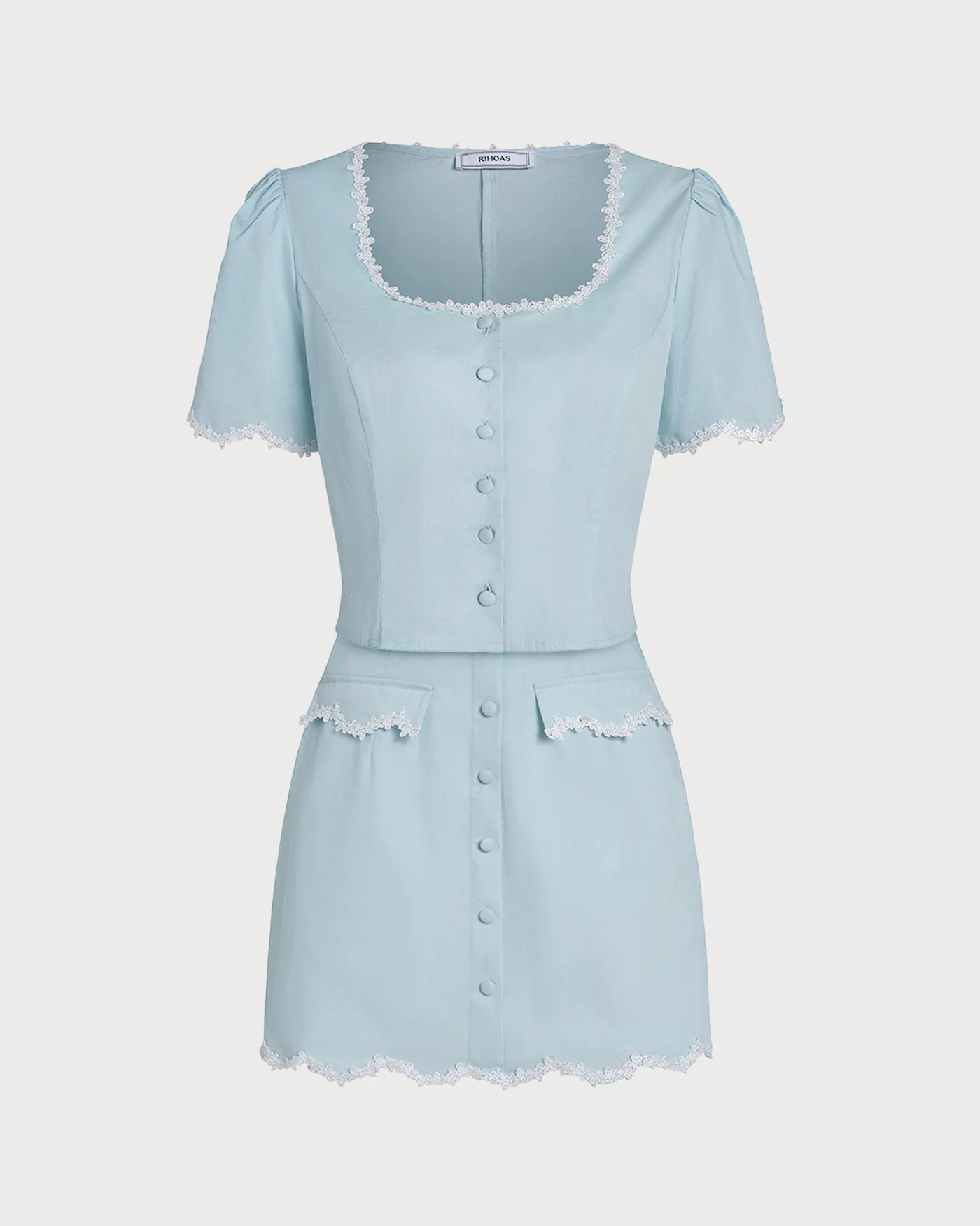 Light Blue Lace Button Square Neck Shirt - Image 9