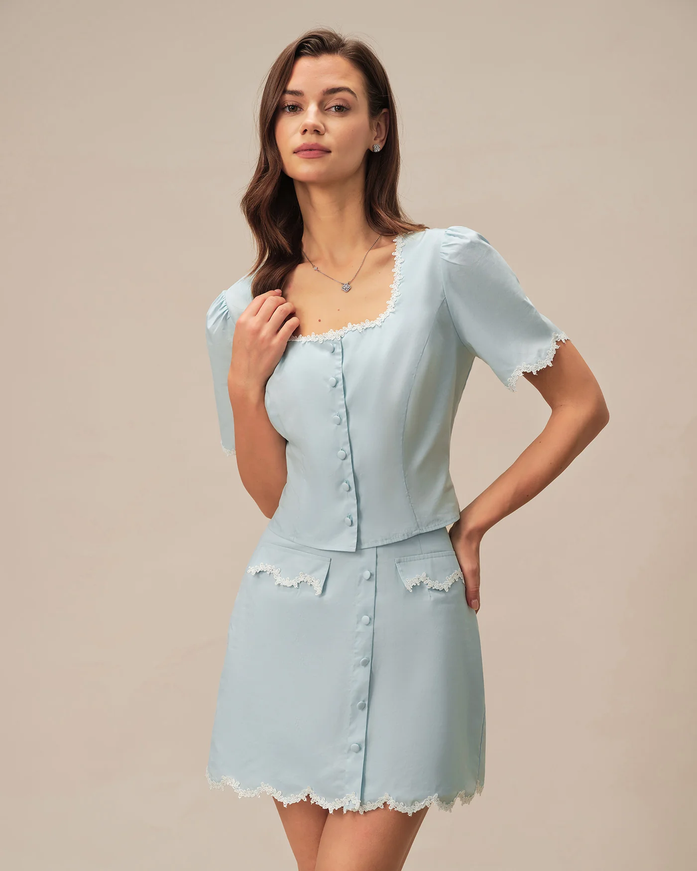 Light Blue Lace Pocket Button Mini Skirt - Image 3