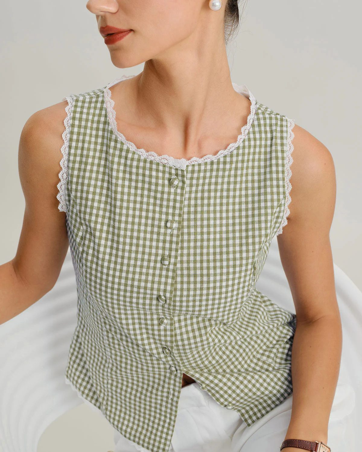 Light Green Boat Neck Plaid Tank Top - Image 2