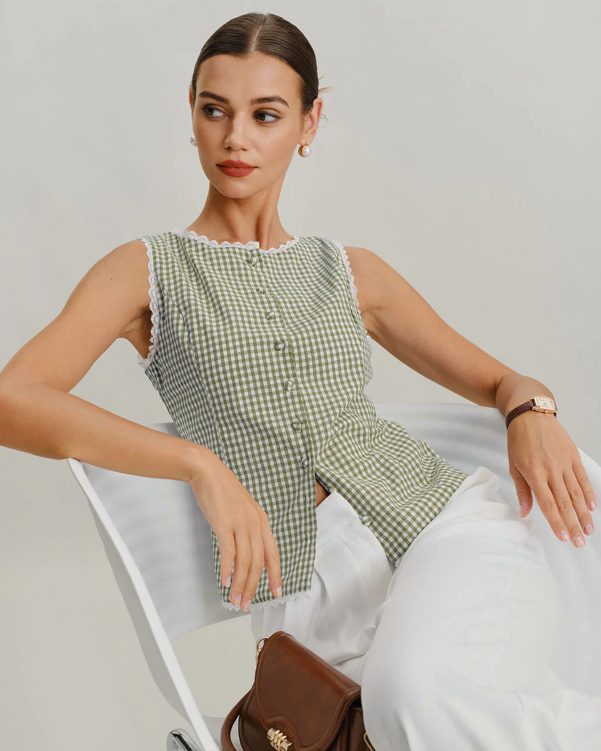 Light Green Boat Neck Plaid Tank Top - Image 3