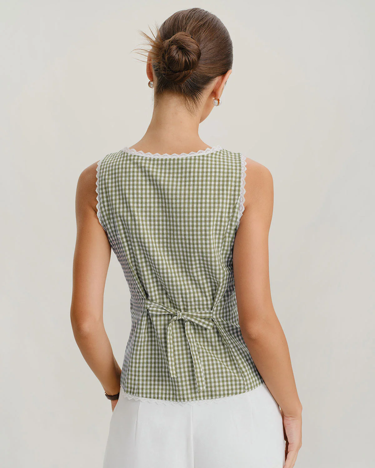 Light Green Boat Neck Plaid Tank Top - Image 4