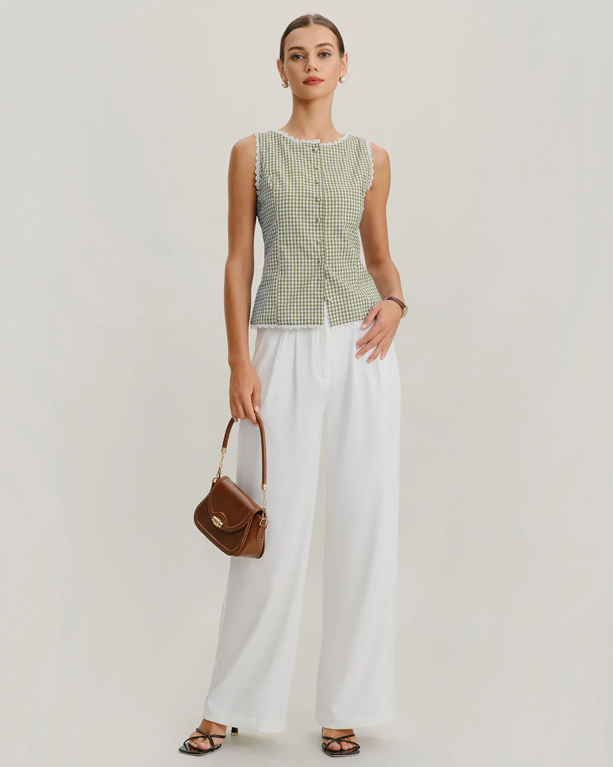 Light Green Boat Neck Plaid Tank Top - Image 5