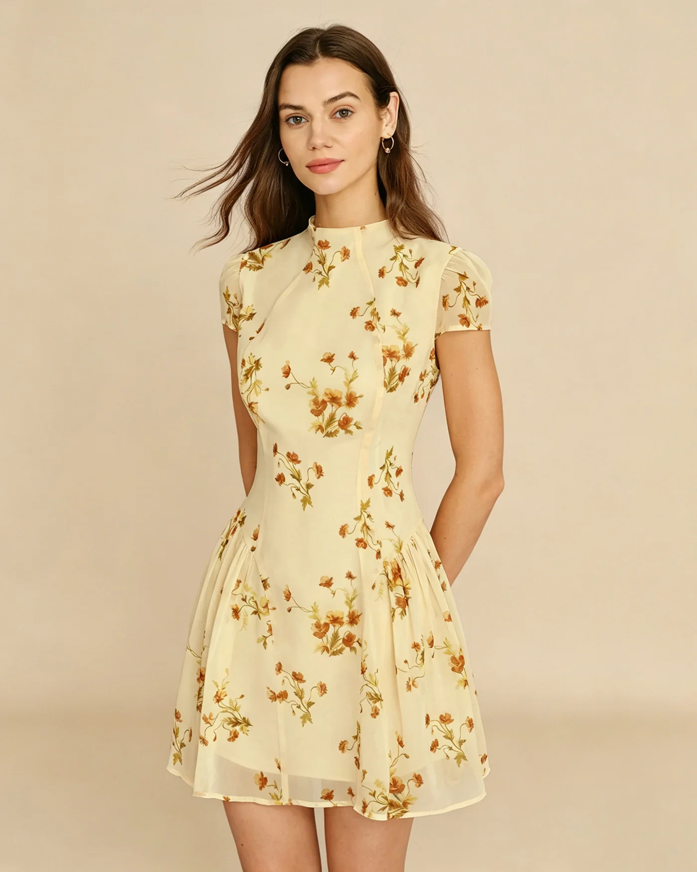 Light Yellow Turtle Floral Mini Dress - Image 3