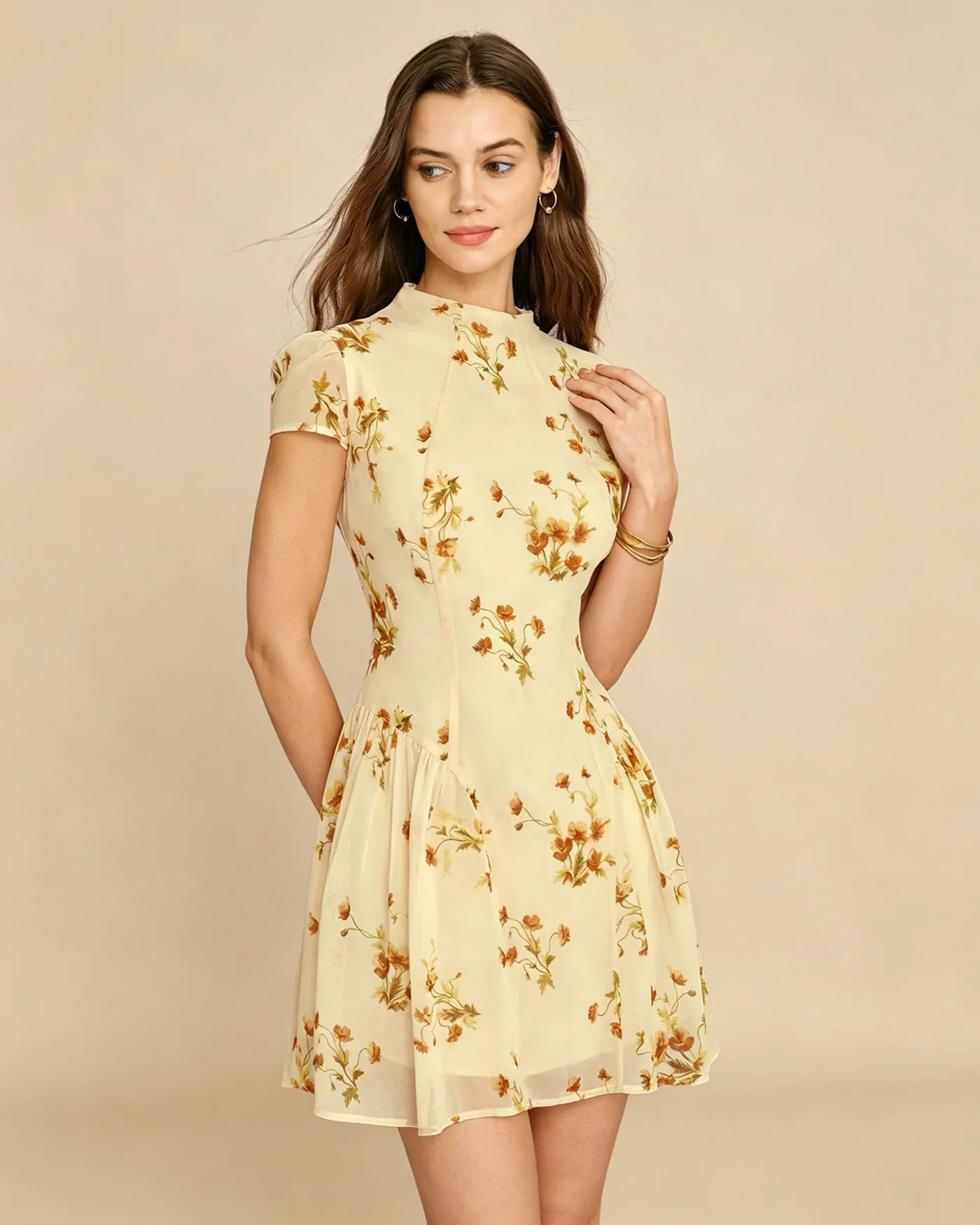 Light Yellow Turtle Floral Mini Dress - Image 4