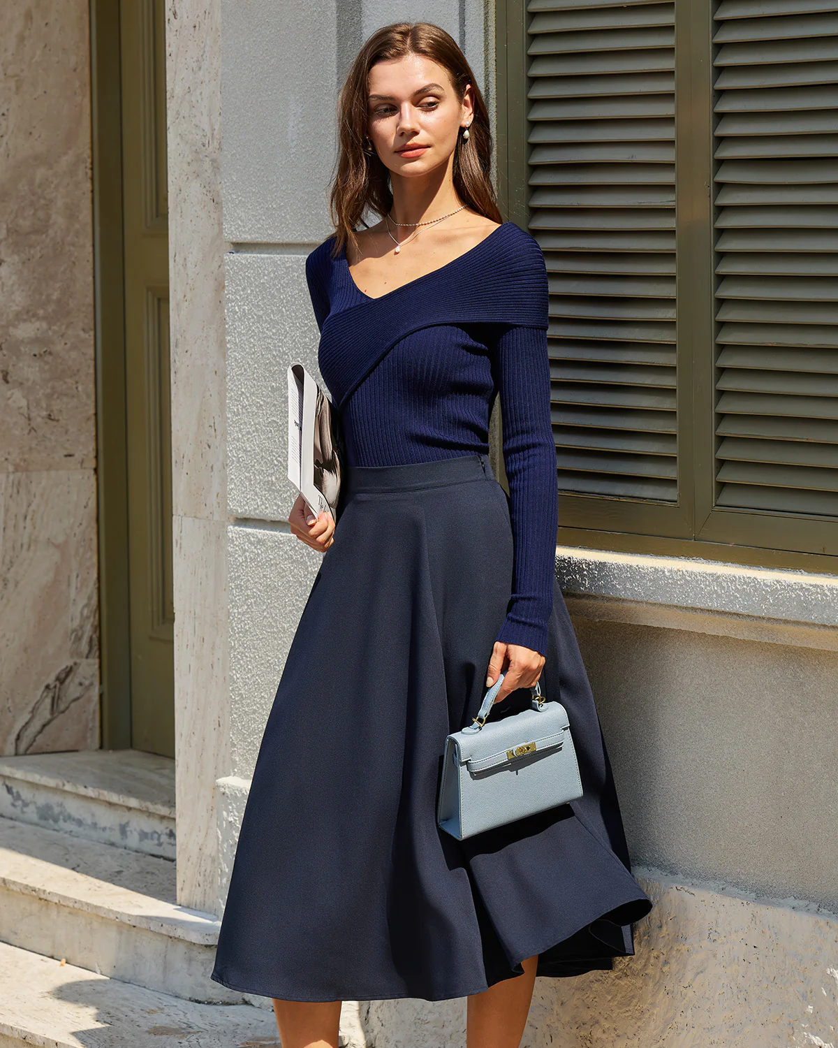 Navy A-Line Pocket Midi Skirt - Image 4