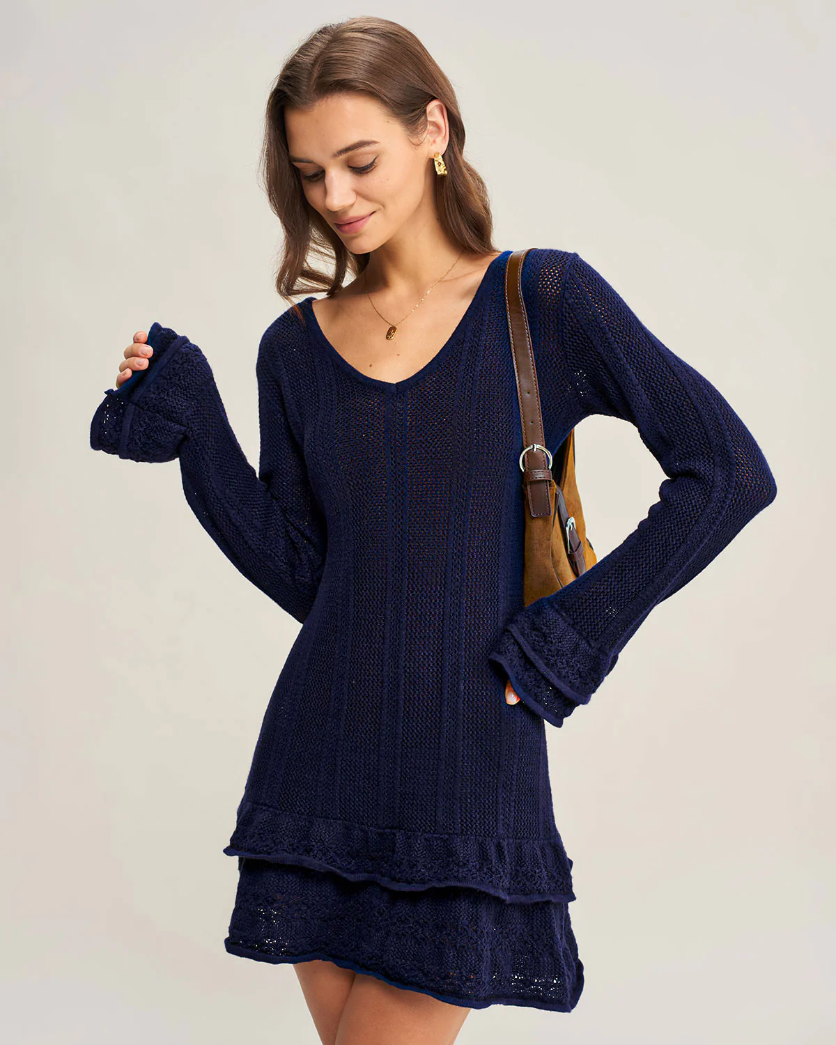 Navy A-Line V Neck Sweater Dress - Image 3