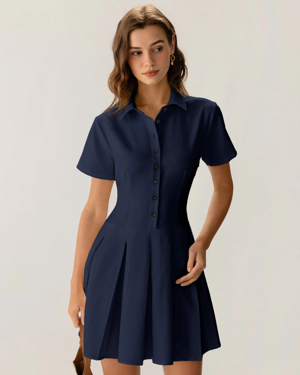 Navy Button Pleated Mini Dress - Image 5