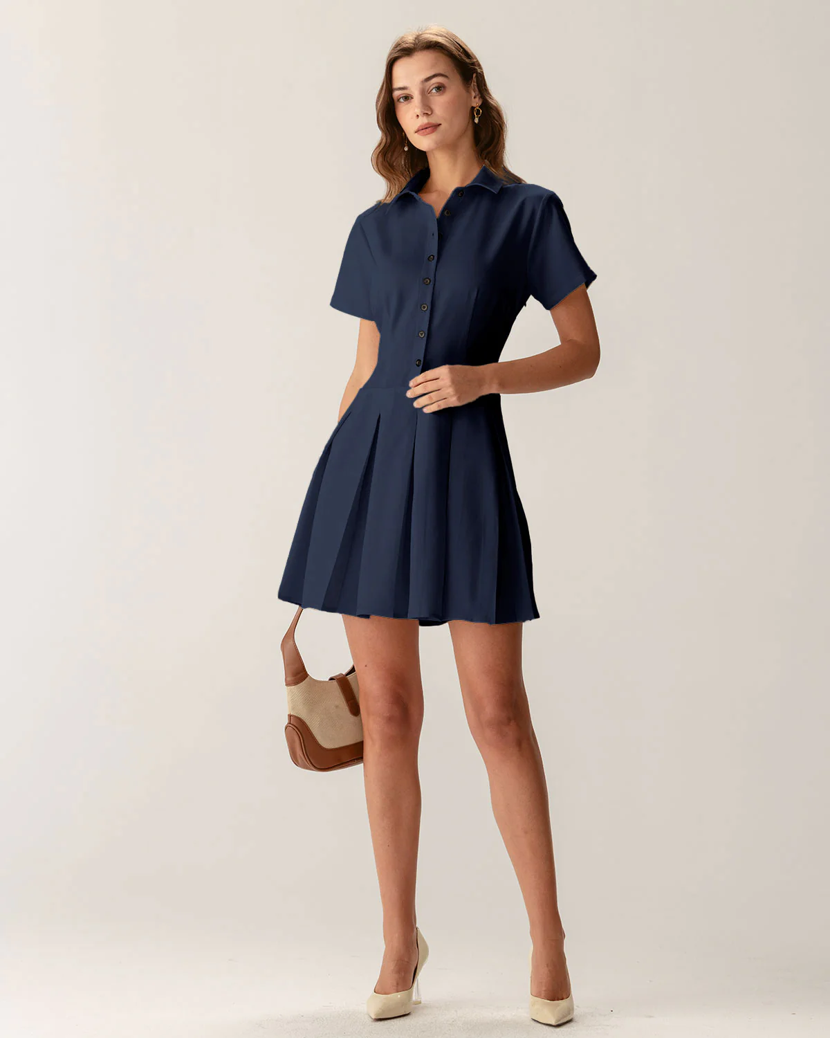 Navy Button Pleated Mini Dress - Image 7