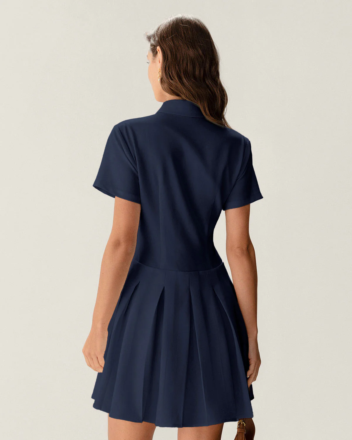 Navy Button Pleated Mini Dress - Image 8