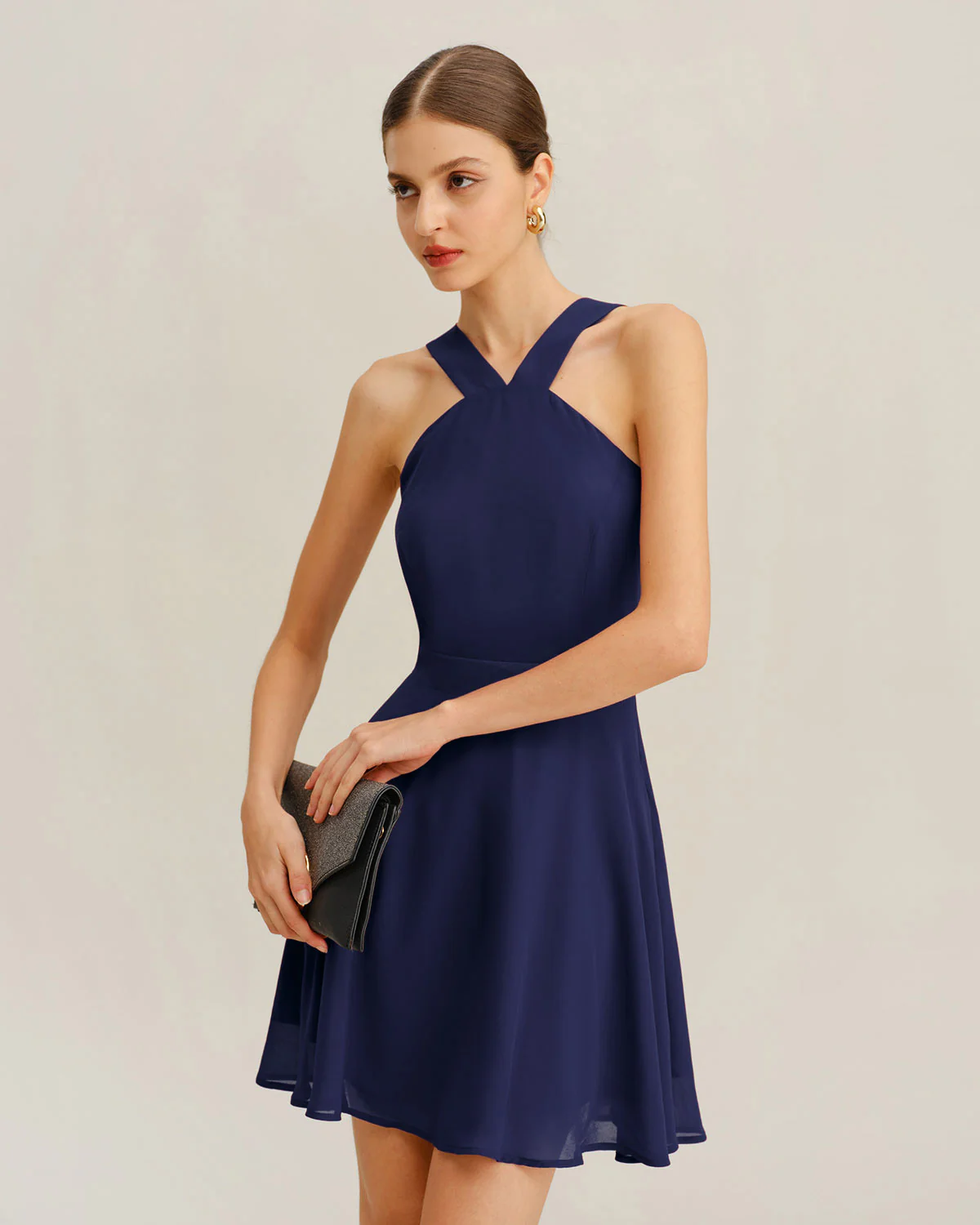 Navy Chiffon A-Line Mini Dress - Image 3