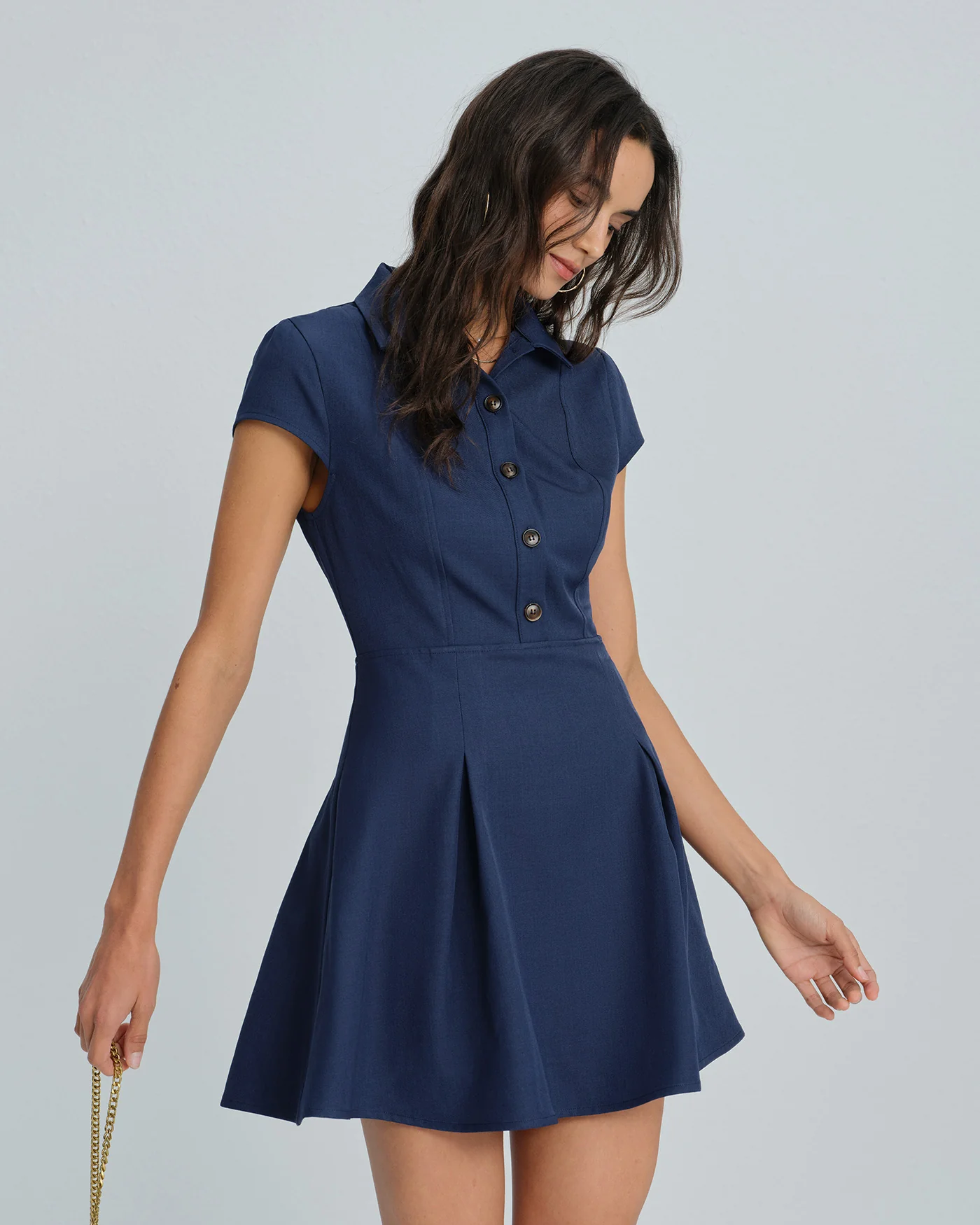Navy Collar Button Mini Dress - Image 4