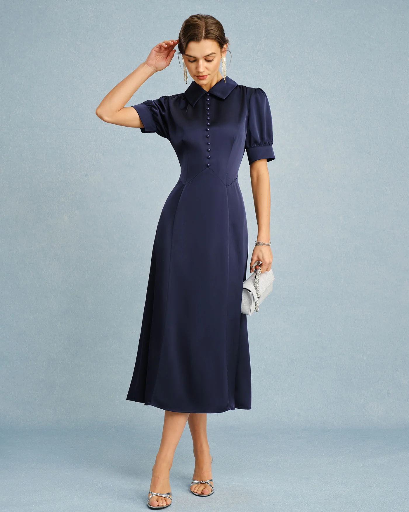 Navy Collar Puffed Sleeve Satin Midi Dress - Image 4