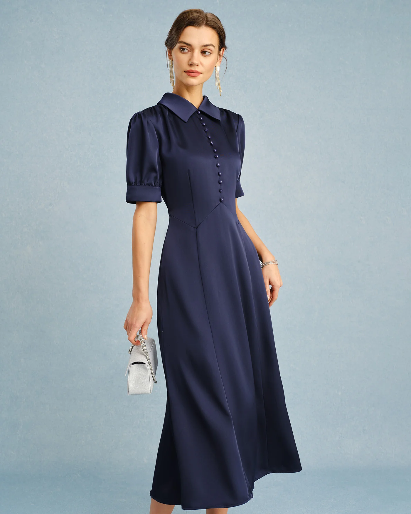 Navy Collar Puffed Sleeve Satin Midi Dress - Image 5