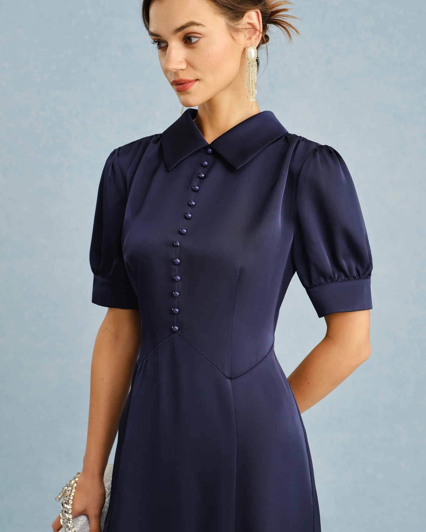 Navy Collar Puffed Sleeve Satin Midi Dress - Image 6