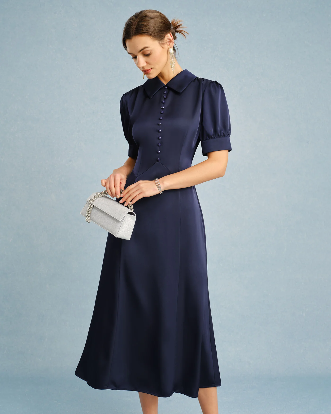 Navy Collar Puffed Sleeve Satin Midi Dress - Image 7