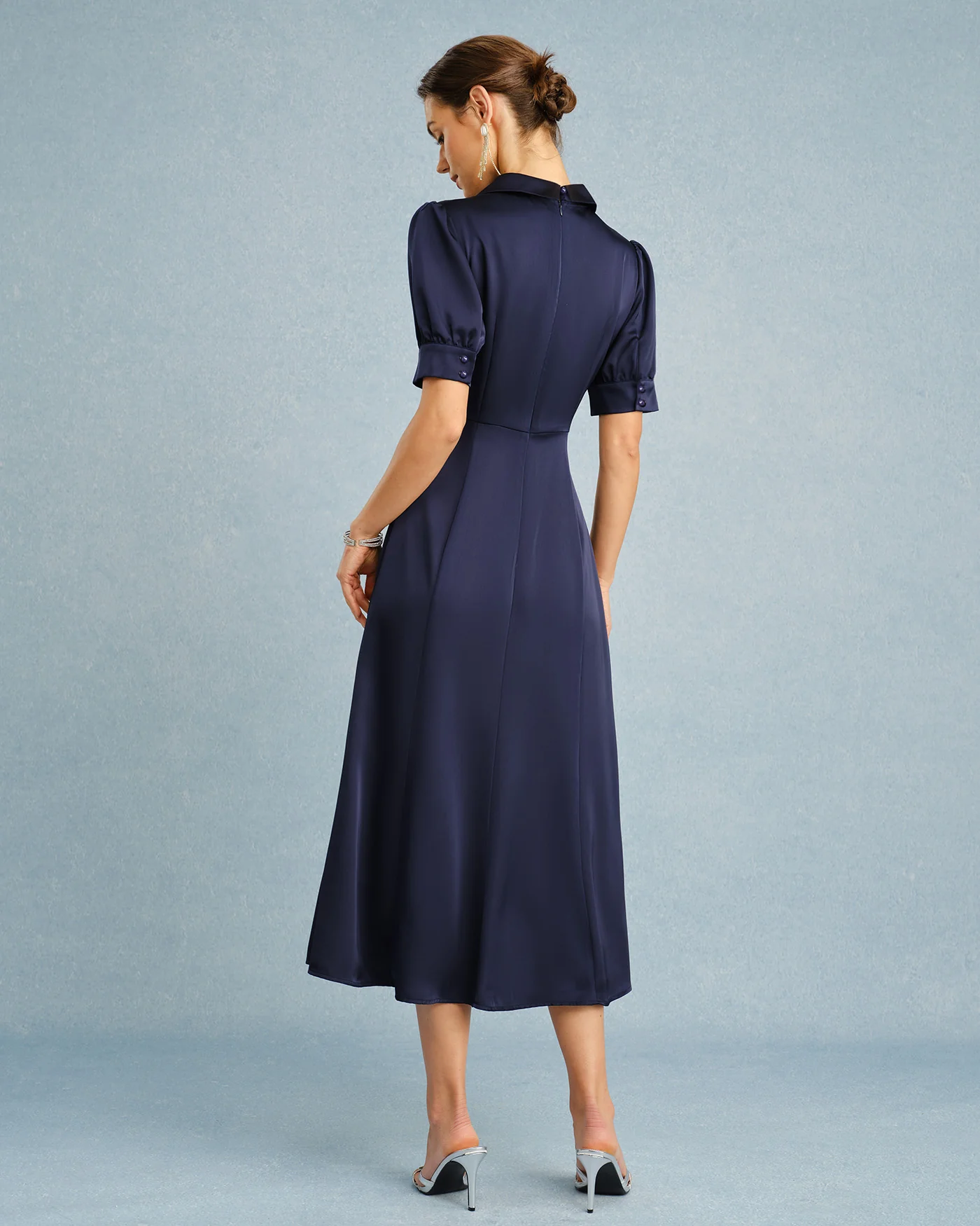 Navy Collar Puffed Sleeve Satin Midi Dress - Image 8