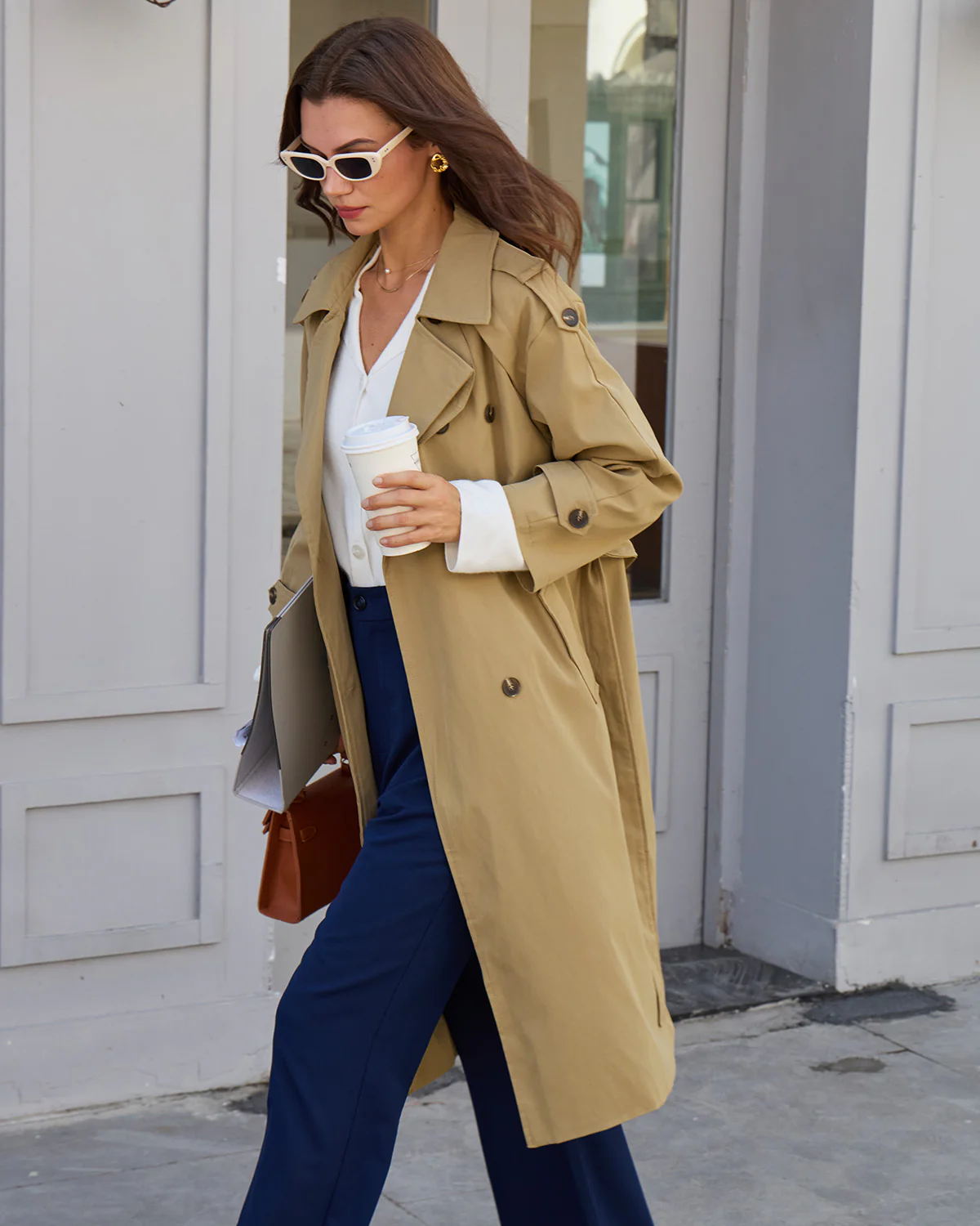 Navy Elastic Waist Flared Casual Pants - Image 5