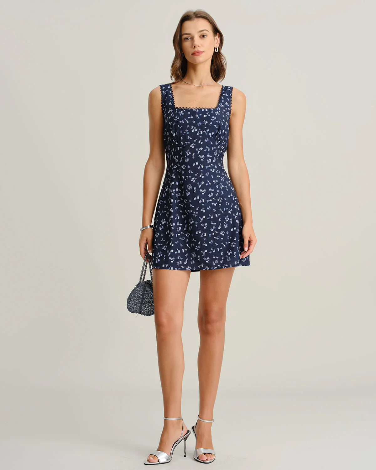 Navy Floral Square Neck Slip Mini Dress - Image 3