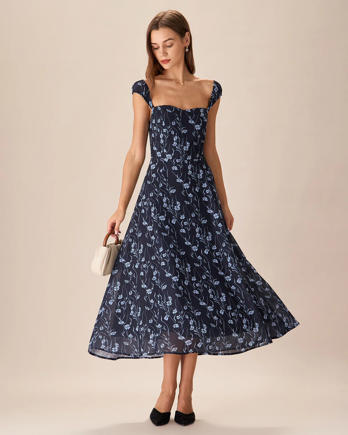 Navy Floral Sweetheart Neck Midi Dress - Image 3