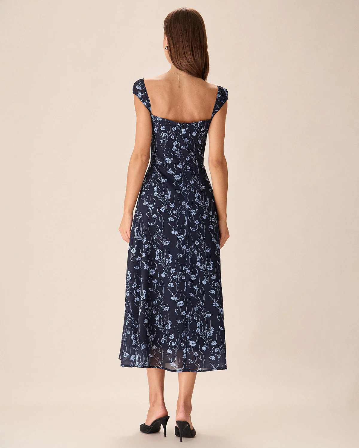 Navy Floral Sweetheart Neck Midi Dress - Image 4
