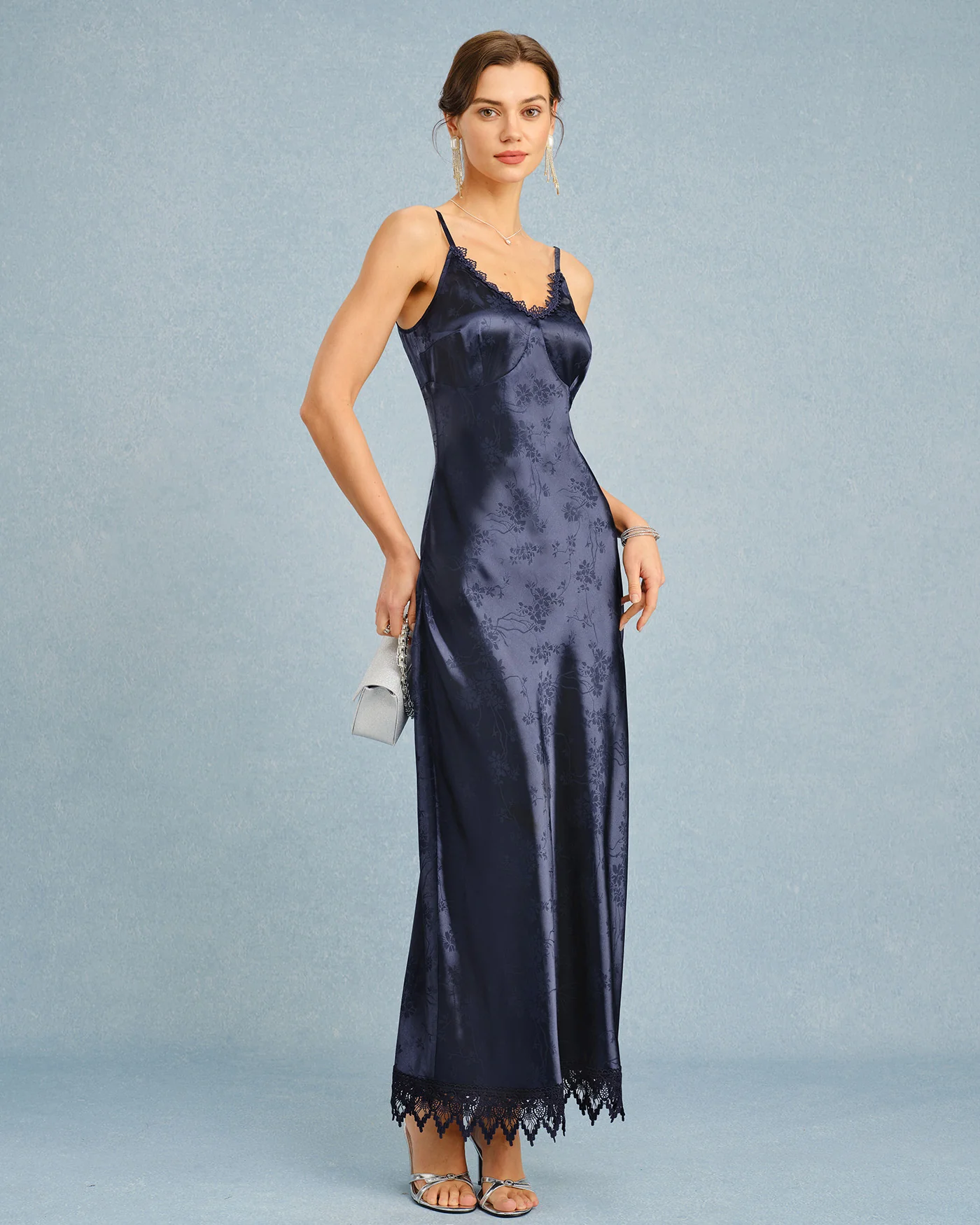 Navy Jacquard Lace Slip Maxi Dress - Image 3